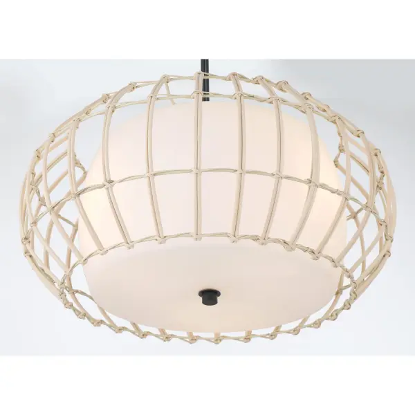 Robin Baron's Watermill pendant blends organic texture with modern sophistication. The natural wicker shade creates warm, diffused light while the coal black finish adds contemporary edge. Perfect for coastal-inspired or organic modern spaces. - alternate view
