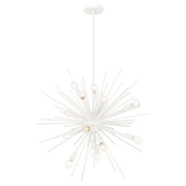 The Bessel pendant makes a bold architectural statement with 15 candelabra lights arranged in a contemporary configuration. Its 30-inch width and Sand White finish create a sophisticated focal point perfect for modern dining spaces.