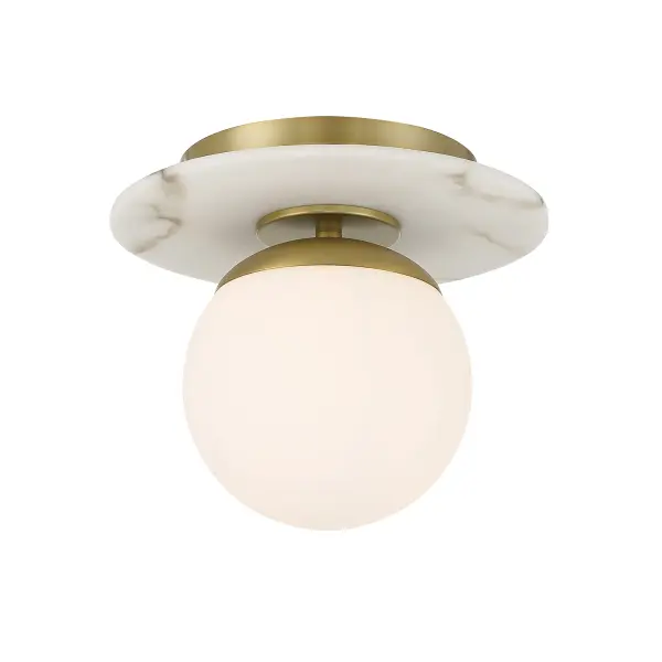 The Orban semi-flush mount combines contemporary styling with timeless brass warmth. Its compact 9-inch profile and etched opal glass create soft, ambient lighting perfect for smaller spaces with lower ceilings.