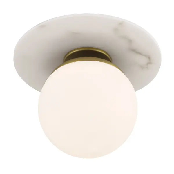 The Orban semi-flush mount combines contemporary styling with timeless brass warmth. Its compact 9-inch profile and etched opal glass create soft, ambient lighting perfect for smaller spaces with lower ceilings. - alternate view