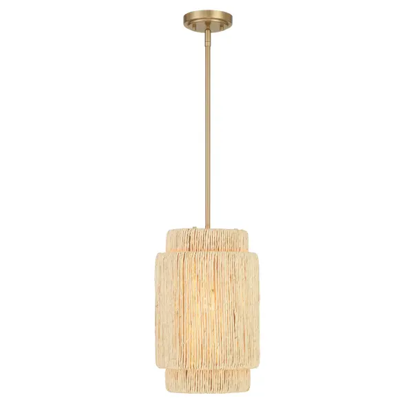 The Caviana pendant brings organic warmth with its handwoven natural abaca shade and signature brass finish. Perfect for adding coastal charm to intimate spaces, this compact fixture delivers character without overwhelming smaller rooms.
