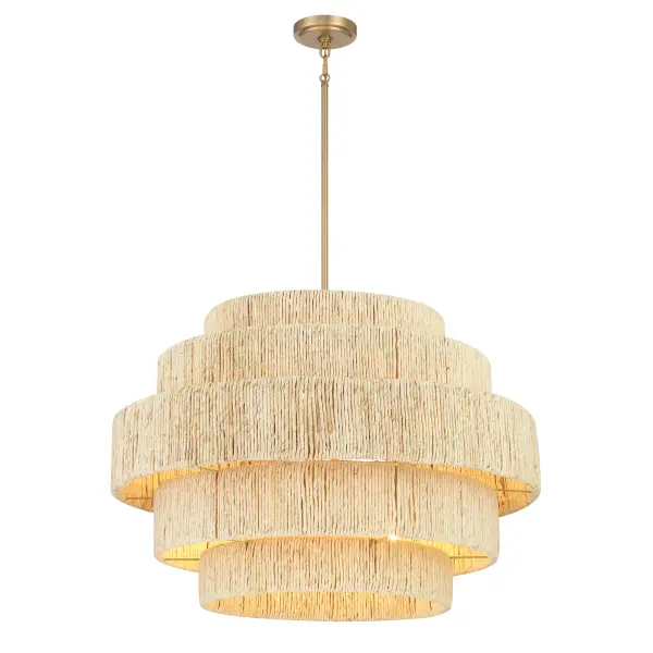 The Caviana pendant blends natural abaca woven texture with signature brass metalwork, creating a statement piece that brings warmth and organic beauty to any space. Its generous 31-inch width makes it perfect for dining areas and kitchen islands.