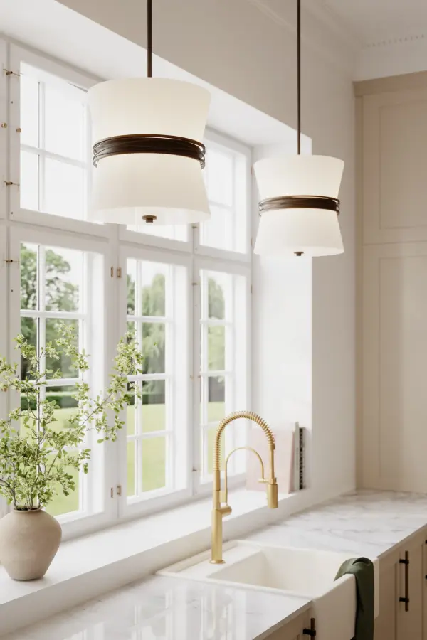 3-Light Pendant - Dark Bronze with White Glass and Linen - alternate view