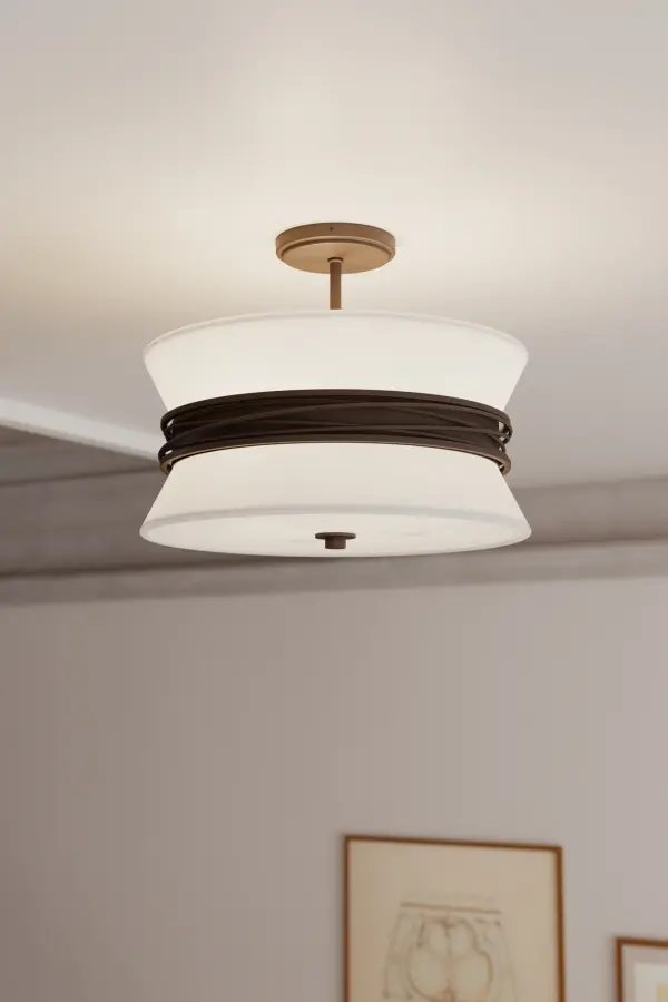 3-Light Semi-Flush Mount - Dark Bronze with White Glass and Linen - alternate view