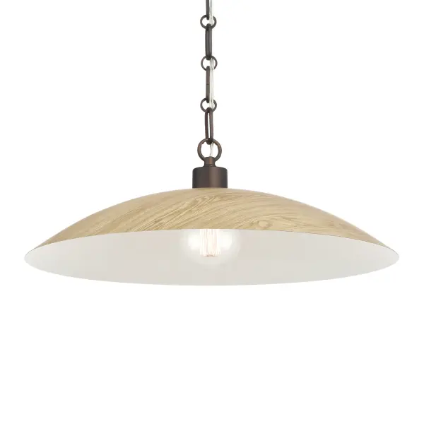 The Derby pendant blends traditional bronze metalwork with a light oak printed shade for warm, inviting illumination. Its 18.5-inch diameter makes it ideal for smaller dining areas and kitchen islands.