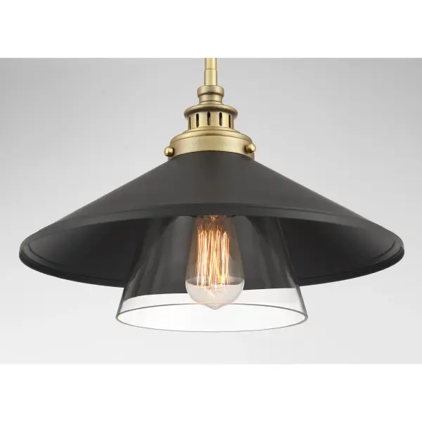 The Segan mini pendant combines contemporary design with industrial charm through its coal black and soft brass finish. At 15 inches wide, it provides focused task lighting perfect for kitchen islands and dining areas. - alternate view