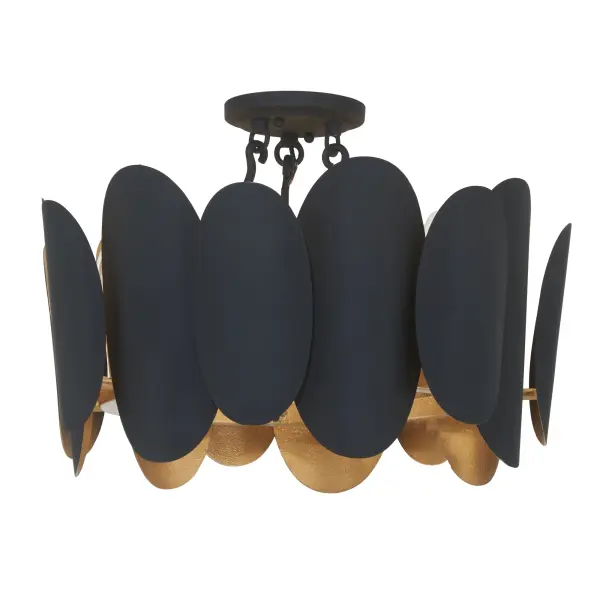 The Vailen semi-flush mount combines dark matte black with textured gold accents for a refined transitional aesthetic. With 7 candelabra bulbs and dimmable capability, it delivers versatile ambient lighting in a compact 20-inch profile.