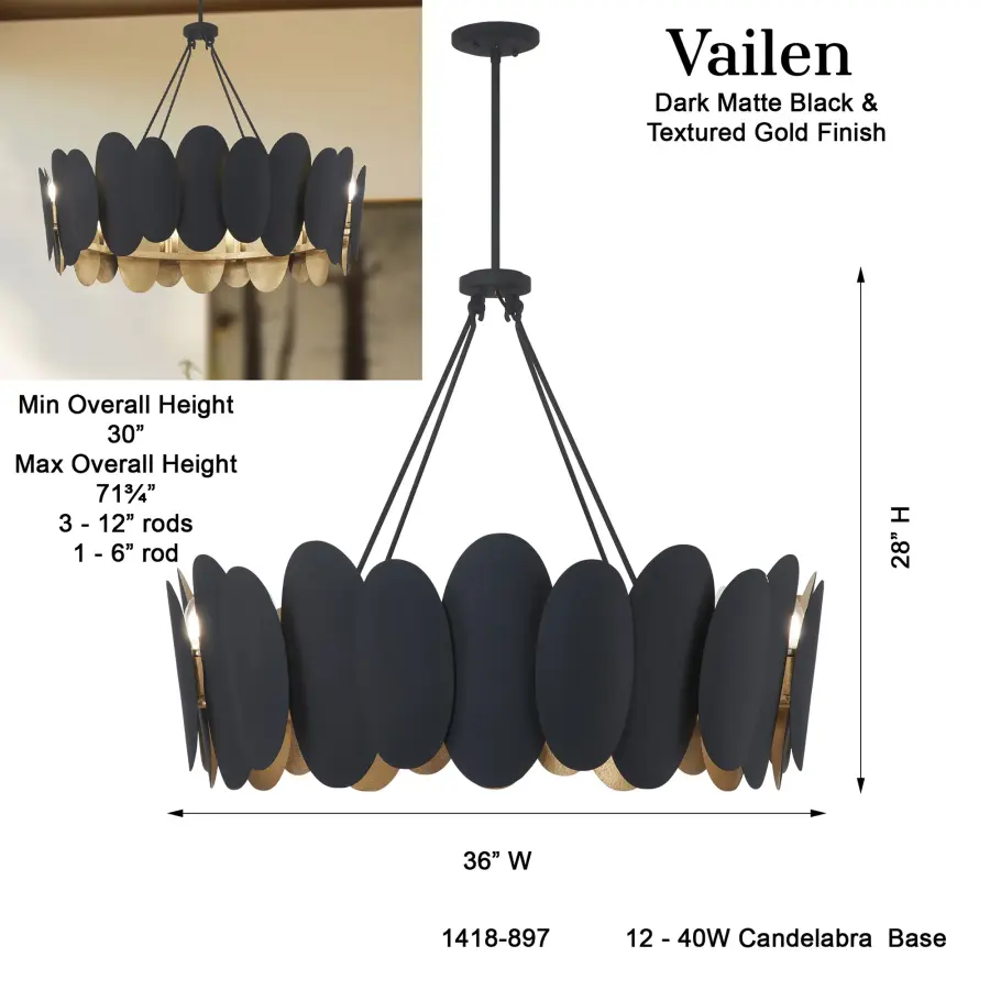 Vailen 36" 12-Light Pendant in Dark Matte Black and Textured Gold - Image 4