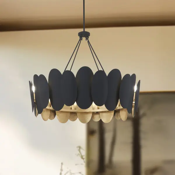 Vailen 36" 12-Light Pendant in Dark Matte Black and Textured Gold - Image 6