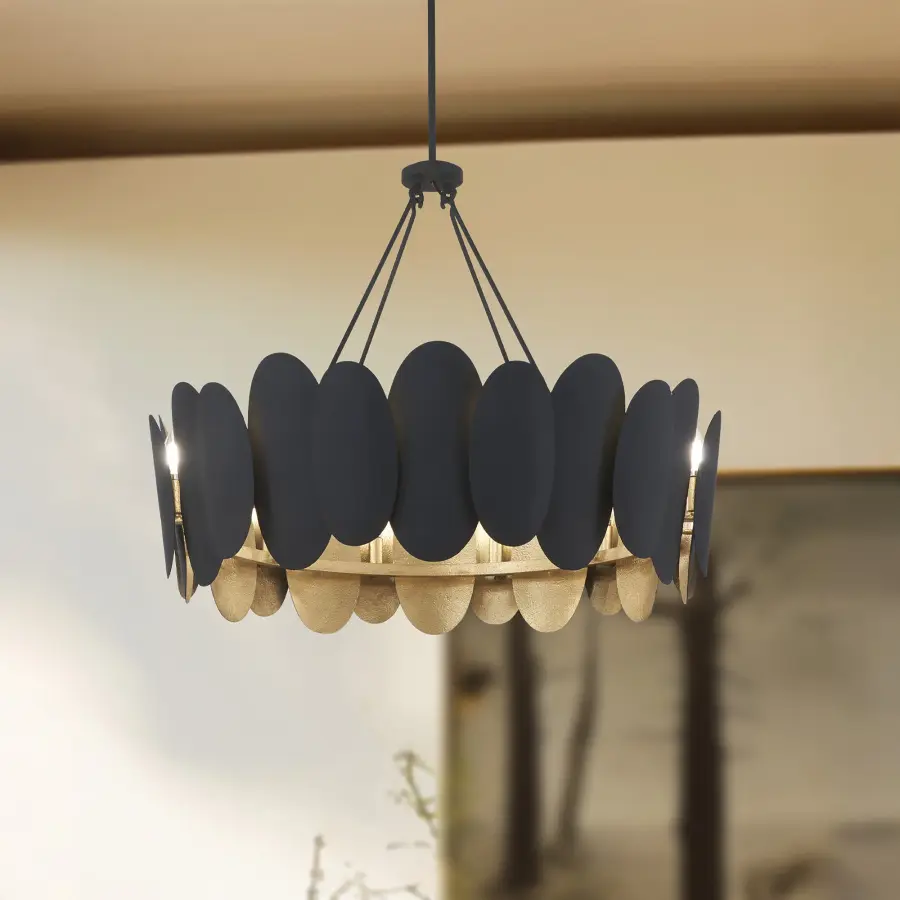 Vailen 36" 12-Light Pendant in Dark Matte Black and Textured Gold - Image 6