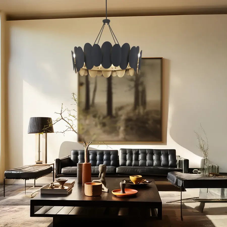 Vailen 36" 12-Light Pendant in Dark Matte Black and Textured Gold - Image 7