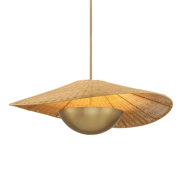 The Nestor 36" pendant brings organic warmth through handwoven natural rattan paired with sophisticated Legacy Brass hardware. Its generous 36-inch linear profile makes a bold statement over dining tables and kitchen islands.