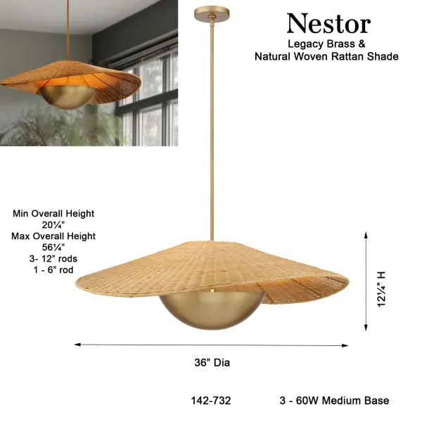 Nestor 36" 3-Light Pendant in Legacy Brass - Image 3