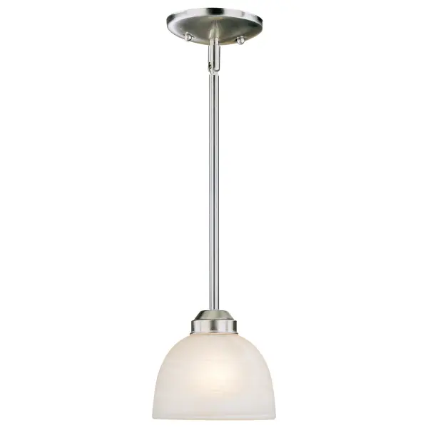 The Paradox Mini Pendant combines brushed nickel hardware with etched marble glass for a refined transitional look. Its compact 6.5-inch profile makes it perfect for smaller spaces or clustered installations.