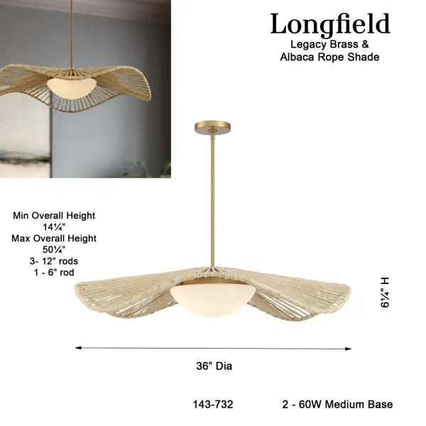 Longfield 36" 2-Light Pendant in Legacy Brass - Image 3