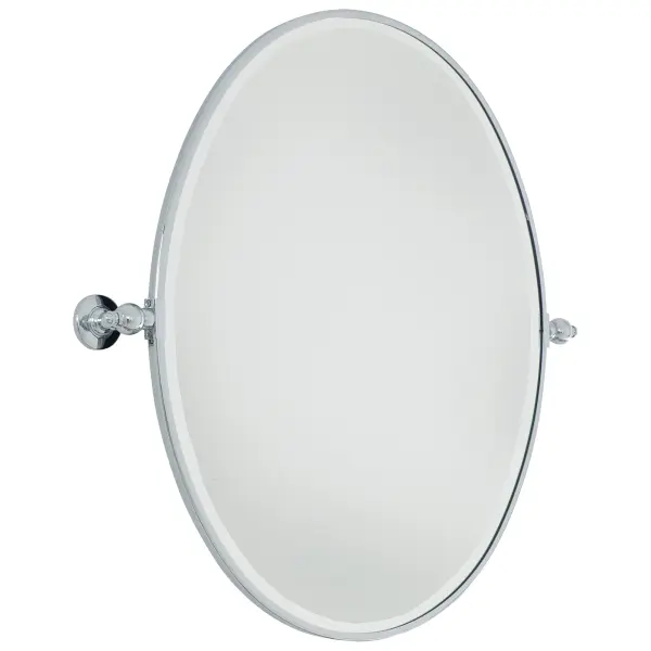 This large oval mirror combines classic beveled glass with modern pivoting functionality. The chrome finish adds a polished, sophisticated touch to any space while the adjustable angle provides practical versatility.