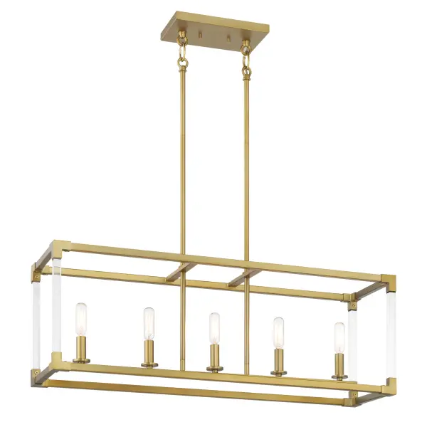 The Oro District brings contemporary elegance to kitchen islands and dining spaces with its clean linear design and warm soft brass finish. Five candelabra lights paired with clear acrylic accents create a sophisticated glow.