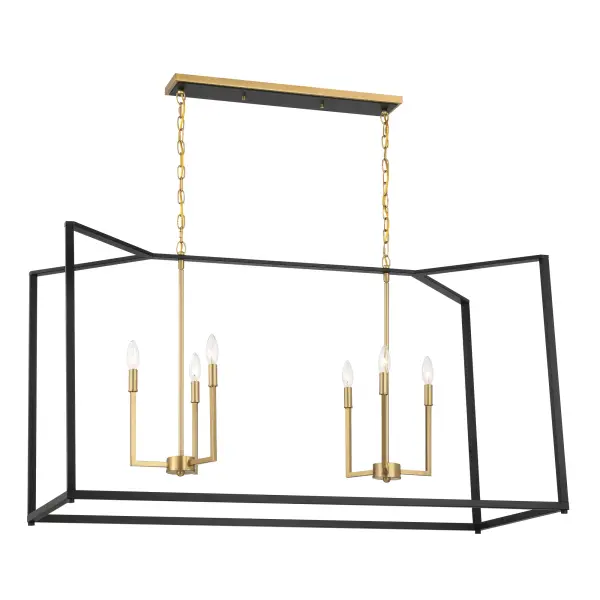 The Colwick 6-Light Island Chandelier combines industrial-modern aesthetics with sophisticated mixed metal finishes. Its 48-inch linear profile makes it perfect for kitchen islands and dining tables, while the coal black and brass combination adds warmth and visual interest to contemporary spaces.
