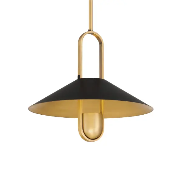 The Goldenridge pendant combines matte black steel with legacy brass detailing for a sophisticated modern look. At 15 inches wide, it's perfectly sized for intimate dining spaces, kitchen islands, or as a statement piece in entryways.