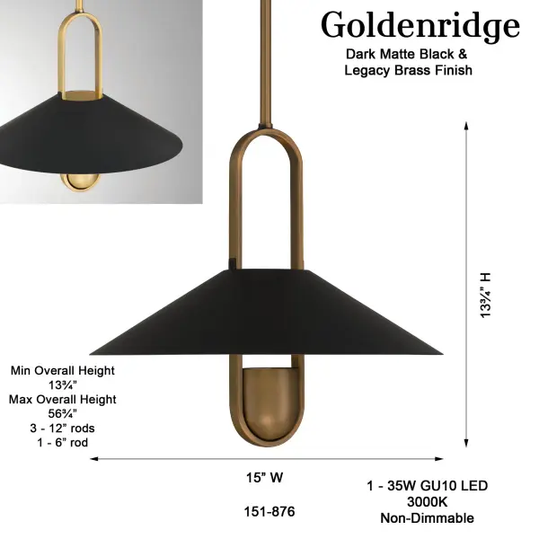 Goldenridge 15" Pendant Light in Matte Black and Legacy Brass - Image 3