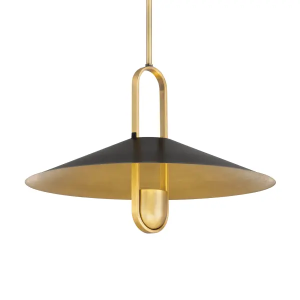 The Goldenridge pendant combines matte black steel with legacy brass detailing for a striking modern-industrial aesthetic. At 20 inches wide, it makes a bold statement over kitchen islands or dining tables.