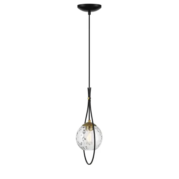 The Cody mini pendant combines coal black finish with soft brass accents and clear water glass for a refined industrial look. Its compact 8.63-inch width makes it perfect for smaller spaces or grouped installations.