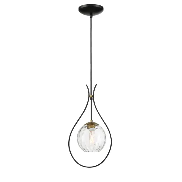 The Cody mini pendant combines coal black finish with soft brass accents and clear water glass for a refined industrial look. Its compact 8.63-inch width makes it perfect for smaller spaces or grouped installations. - alternate view