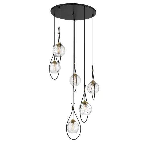 The Cody 6-Light Pan Pendant combines coal black and soft brass finishes with clear water glass shades for a sophisticated transitional look. At 28 inches wide, it provides substantial presence perfect for dining rooms and kitchen islands.