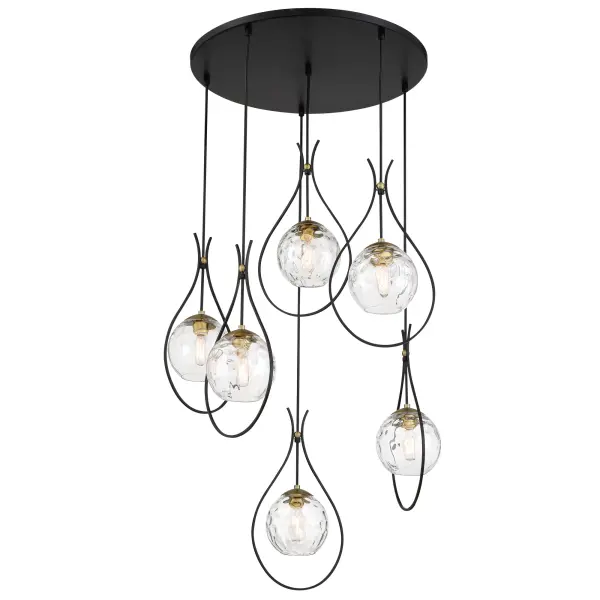 The Cody 6-Light Pan Pendant combines coal black and soft brass finishes with clear water glass shades for a sophisticated transitional look. At 28 inches wide, it provides substantial presence perfect for dining rooms and kitchen islands. - alternate view