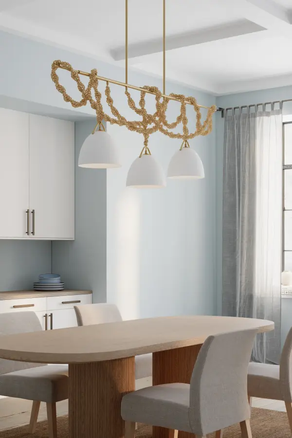 3-Light Linear Chandelier - Legacy Brass with White Ceramic and Paper Rope - alternate view