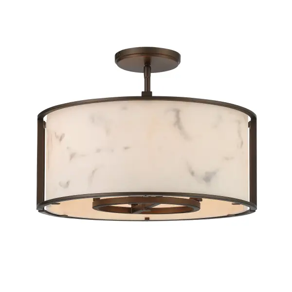 The Buchanan semi-flush mount combines contemporary styling with transitional warmth. Its Hellenic Bronze finish and faux alabaster glass create ambient lighting perfect for lower ceilings and intimate spaces.