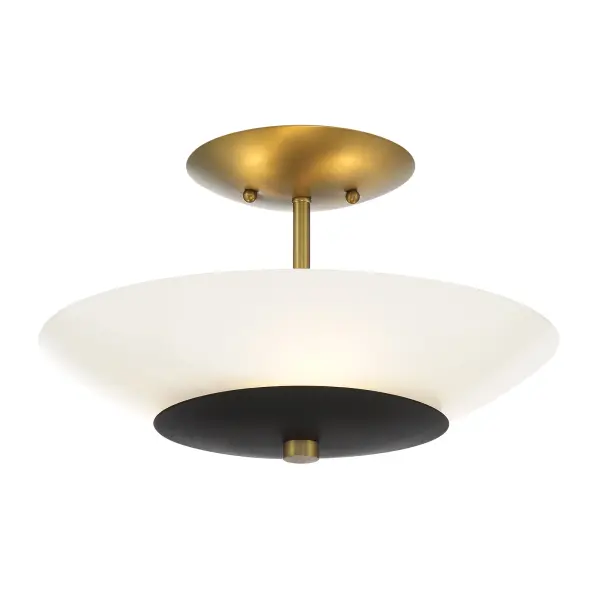 The Bax semi-flush mount combines coal black metal with soft brass accents and frosted opal glass for a sophisticated modern look. At 14" wide, it's perfectly sized for smaller spaces needing ambient lighting.