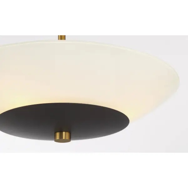 The Bax semi-flush mount combines coal black metal with soft brass accents and frosted opal glass for a sophisticated modern look. At 14" wide, it's perfectly sized for smaller spaces needing ambient lighting. - alternate view
