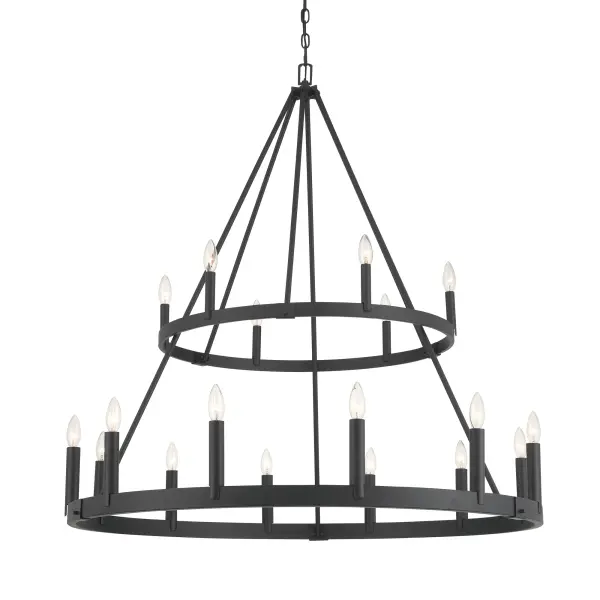 The Dutton chandelier makes a bold statement with 18 candelabra lights arranged in a traditional multi-tier design. At nearly 43 inches wide, this substantial fixture brings dramatic elegance to large dining rooms and grand foyers.