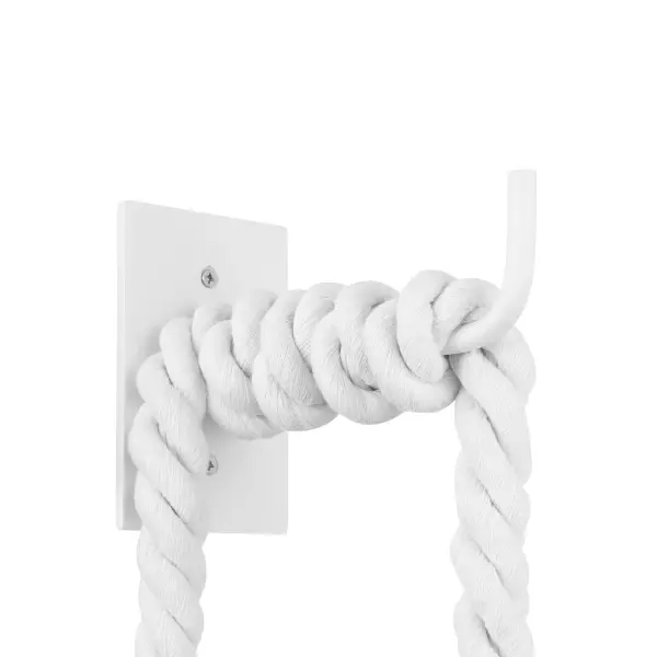 The Lodelle wall sconce brings relaxed coastal charm with its matte white finish and distinctive cotton rope shade. Compact at 10 inches wide, it's perfect for bathrooms, hallways, and bedrooms where soft, textured lighting is desired. - alternate view