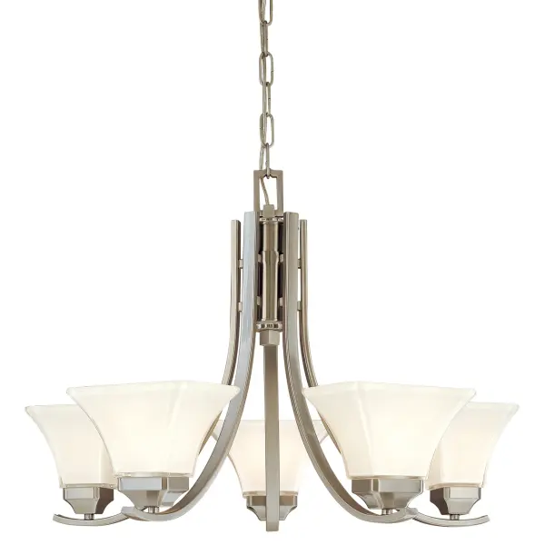 The Agilis chandelier combines transitional elegance with practical functionality. Its brushed nickel finish and white glass shades create a refined look that complements both traditional and contemporary interiors.