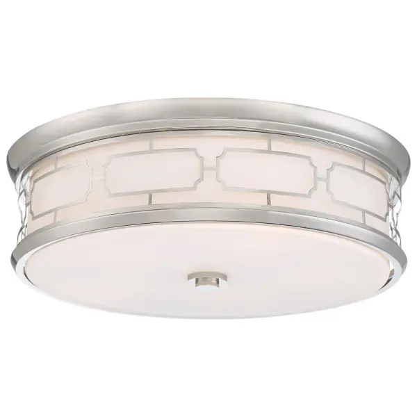 This transitional flush mount combines polished nickel finish with etched white glass for sophisticated ambient lighting. High CRI of 94 ensures excellent color rendering, while dimmable LED technology provides energy efficiency.