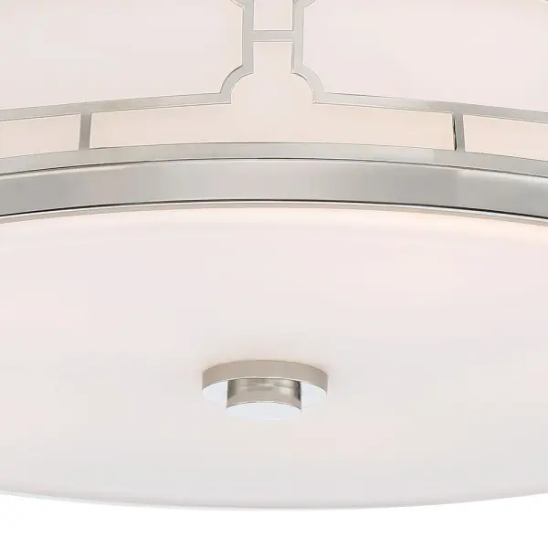 This transitional flush mount combines polished nickel finish with etched white glass for sophisticated ambient lighting. High CRI of 94 ensures excellent color rendering, while dimmable LED technology provides energy efficiency. - alternate view