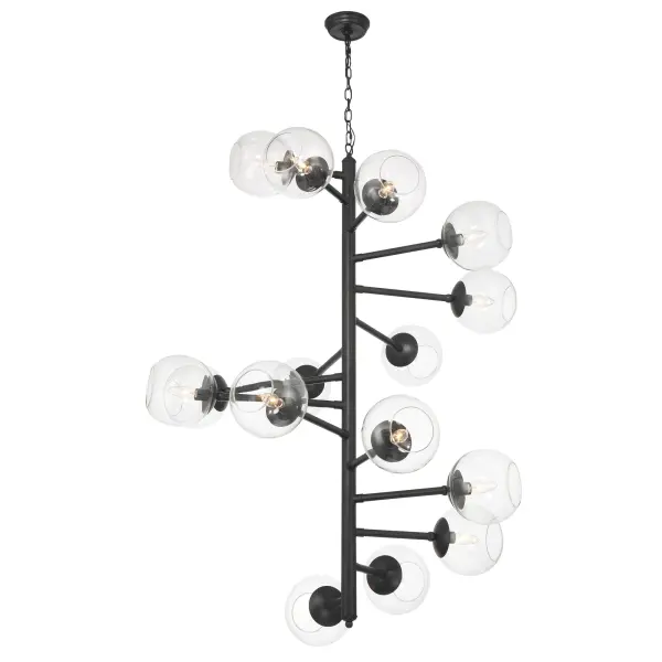 The Millikan pendant makes a bold architectural statement with 15 candelabra lights arranged in a striking geometric configuration. Its coal black steel frame and clear glass shades create dramatic contrast perfect for large spaces.