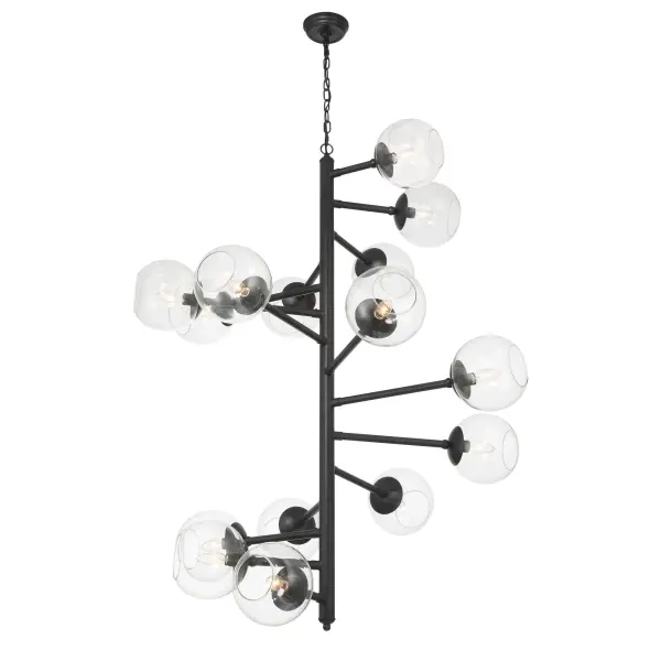The Millikan pendant makes a bold architectural statement with 15 candelabra lights arranged in a striking geometric configuration. Its coal black steel frame and clear glass shades create dramatic contrast perfect for large spaces. - alternate view