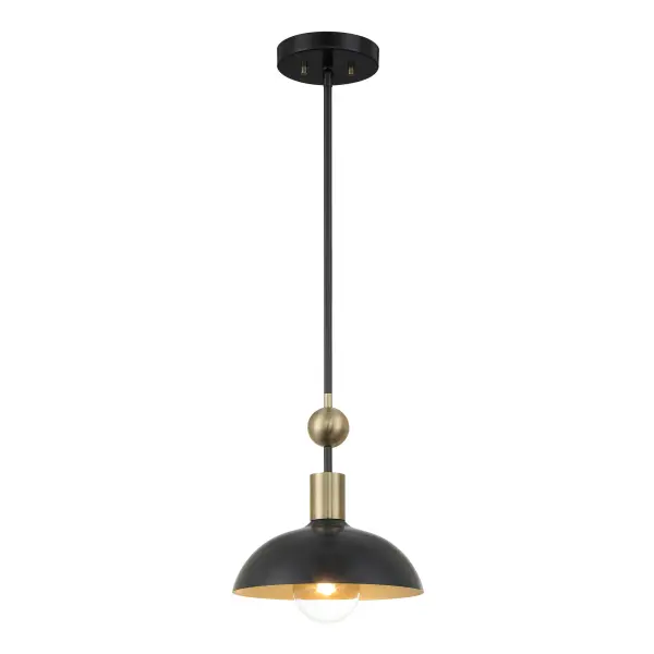 The Biloxi pendant combines coal black steel with weathered antique brass detailing for an industrial aesthetic. Its compact 10.75" size makes it perfect for kitchen islands, breakfast nooks, or clustered installations.