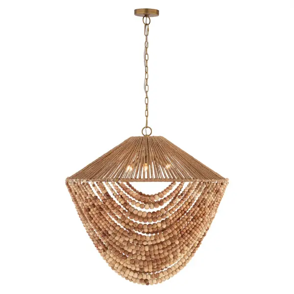 3-Light Pendant - Legacy Brass and Mixed Brown Wood Beads