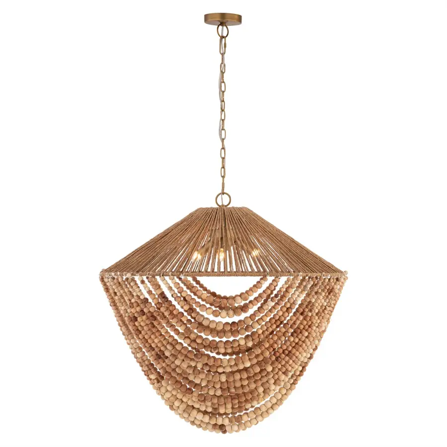 Virella 26" 3-Light Pendant in Legacy Brass with Mixed Brown Wood Beads - Image 1