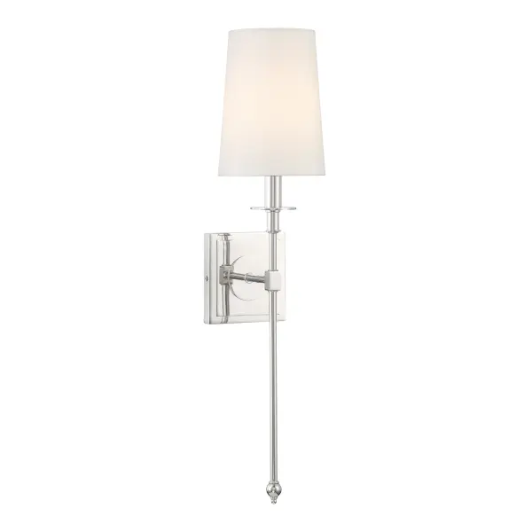 The Calera wall sconce combines timeless transitional design with a polished nickel finish and soft white fabric shade. Its compact 5.5" width makes it ideal for smaller spaces while the 23" height provides substantial presence. - alternate view