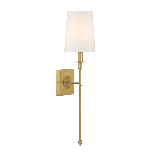 The Calera wall sconce combines warm Signature Brass metalwork with a white fabric shade for sophisticated ambient lighting. Its 23-inch height makes it ideal for flanking mirrors or creating symmetry in hallways. - alternate view