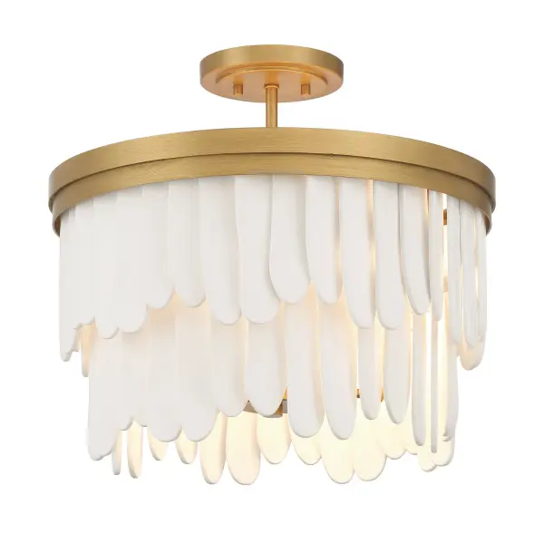 The Briscade combines contemporary styling with classic materials, featuring six candelabra bulbs behind white ceramic panels. The painted legacy brass finish adds warmth while the 18-inch diameter suits medium-sized spaces perfectly.