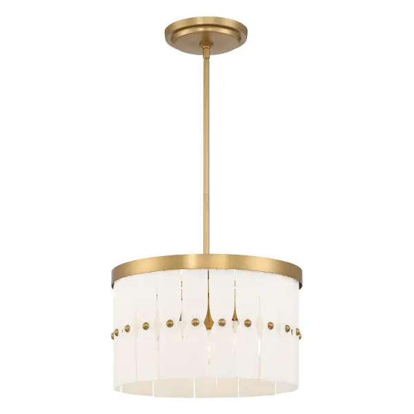 The Coronelle offers flexible installation as either a semi-flush or pendant, featuring a warm Legacy Brass finish with faux alabaster shades. Its 16-inch width and transitional styling make it adaptable to various room sizes and décor styles.
