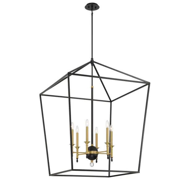 The Townhall 6-Light Pendant combines classic chandelier elegance with contemporary Coal and Soft Brass finishes. At 32 inches wide, this substantial fixture makes a bold statement in dining rooms and foyers while providing ample illumination. - alternate view
