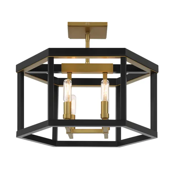 The Union Estates semi-flush mount combines industrial-inspired coal black steel with warm soft brass accents, creating a sophisticated fixture perfect for modern spaces with lower ceilings. - alternate view