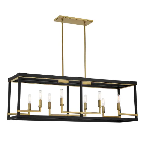 The Union Estates 8-Light Island Chandelier combines modern sophistication with industrial charm. Its 40-inch linear design in coal black with soft brass accents creates dramatic visual impact over kitchen islands and dining tables.